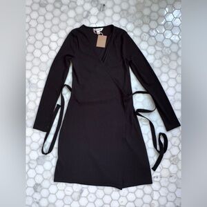 Boden Black Wrap Dress NWT Cotton Tencel Long Sleeve Work Midi